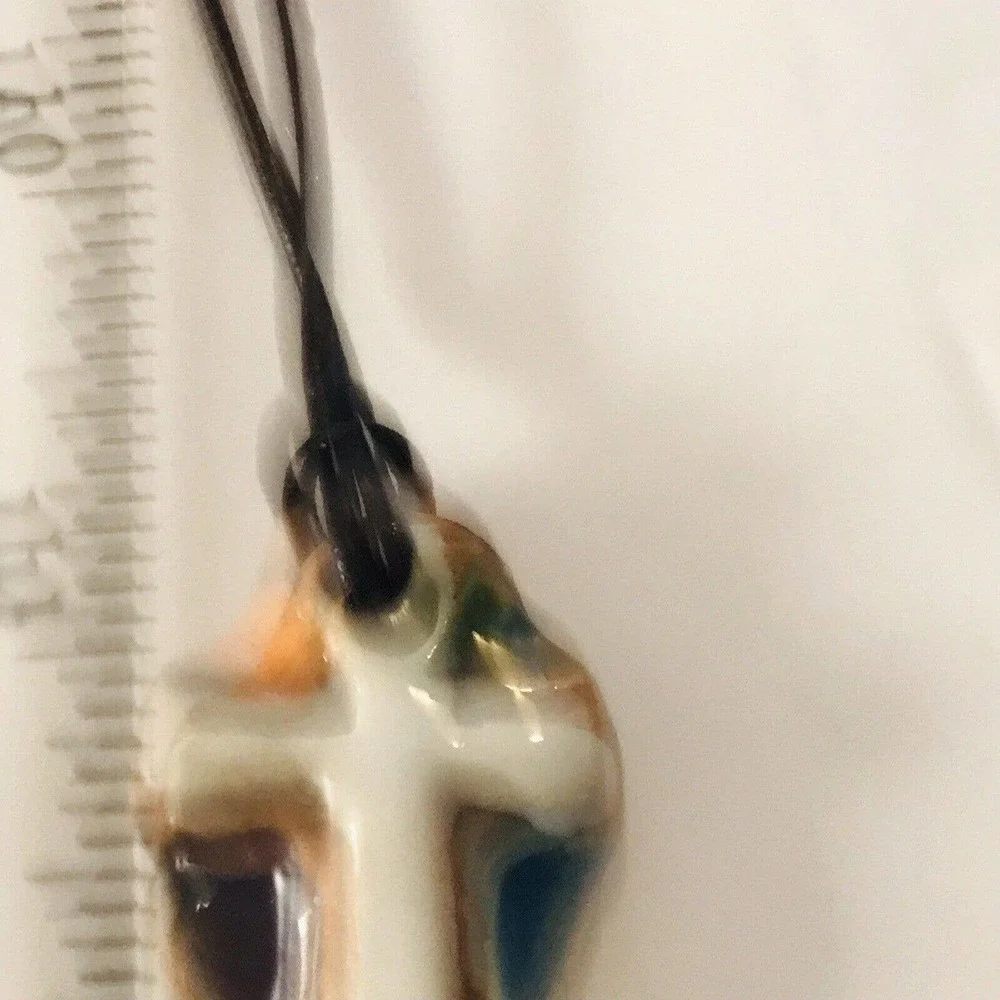 Necklace Cross Charm Clay Multi Color Handmade Brown Adjustable Rope Chain